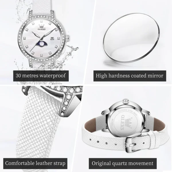 OLEVS 5597 Woman Watch Leather Strap Diamond Bezel Moon Phase Quartz Watch for Women Calendar Waterproof Ladies Wrist Watches - Image 5
