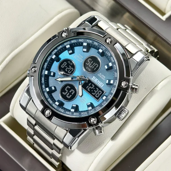 SKMEI Men Dual Display Watch Countdown Steel Strap Electronic Wristwatch Three Time Clock Digital Quartz Watch Relogio Masculino