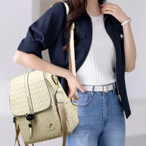Ladies Woven Backpack Designer High Quality Pu Leather Women Bag Luxury School Bags Large Capacity A4 Backpacks with Cat Pendant - Image 3
