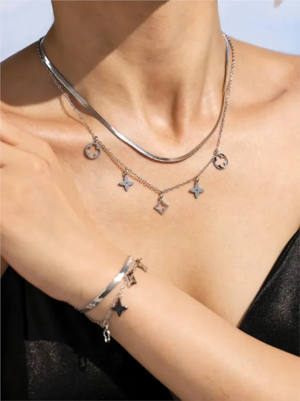Two-layer Charms Anklets Bracelets Necklaces For Women 18k Gold Plated Stainless Steel Necklace Bracelet Ankle Chain Jewelry Set - Image 6