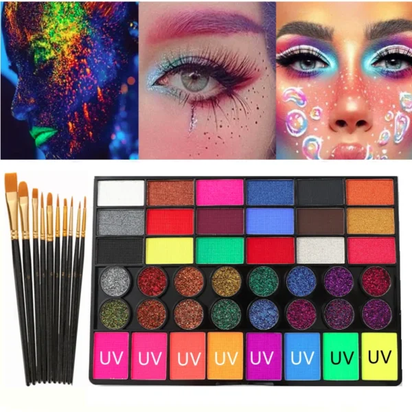 42 Colors Water Soluble Face Body Painting Set UV Neon Glitter Face Paint Art Halloween Christmas Party Body Paint Makeup Kit
