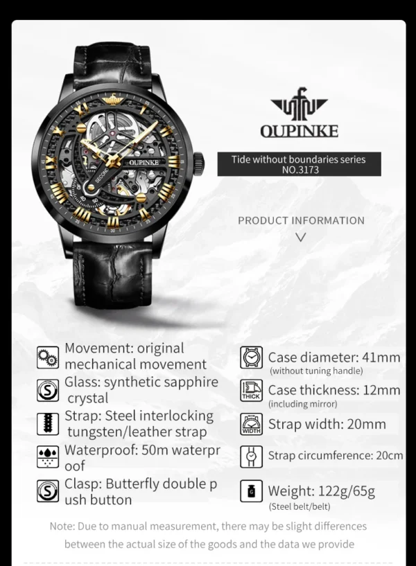 OUPINKE 3173 Original Leather Strap Automatic Hollow Mechanical Wristwatch for Men Chronograph Luxury Top Brand Men's Watches - Image 6