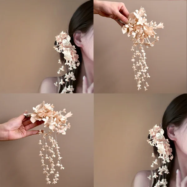 Flower Hair Barrettes Bridal Wedding Tiara Flower Pearl Tassel Hairpin Wedding Hair Accessories - Image 2