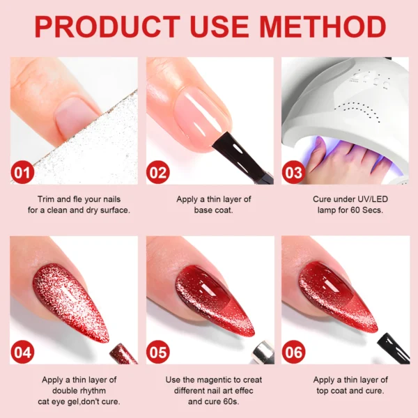 Red Cat Eye Gel Polish – Glossy Magnetic Gel Nail Polish with Holographic 9D Cat Eye Effect, Long-Lasting Soak Off UV LED Gel - Image 5