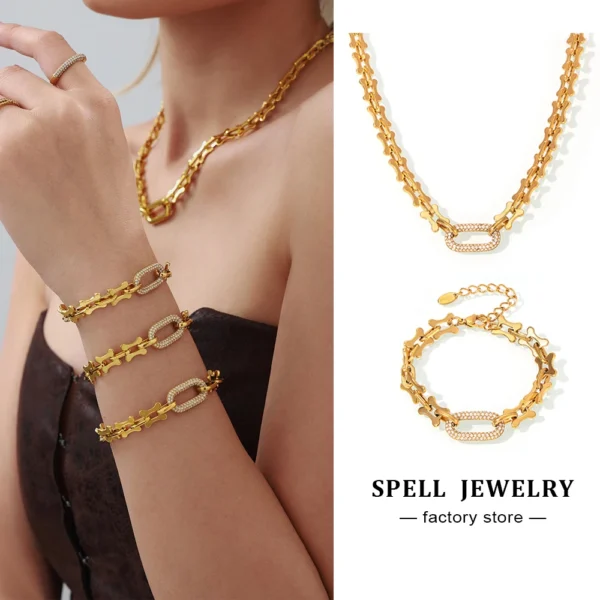 Rock Hip-hop Style Thick Chain Necklace Bracelet In Stainless Steel 18k Gold Plated Pendant Necklaces Bracelets Set For Women