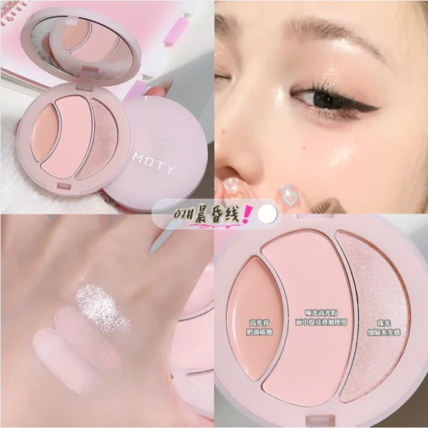 FAMOTY Three-Color Matte High-Gloss Pearlescent Water-Gloss Atmosphere 3D Brightening Fine Flash Highlighter Blush for Makeup - Image 5