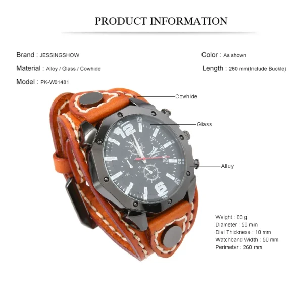 Handmade Punk Style Vintage Cowhide Leather Wide Strap Men's Large Dial Quartz Watch - Image 2
