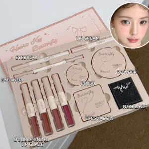 Makeup Gift Box Butterfly Bow Heart Limited Lipstick Powder Blush Eyeshadow Makeup Gift Box Set And Necklace Gifts For Women