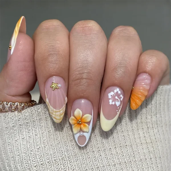 24pcs Mid-length Almond Press on Nails Sets Wearable Gradient Pink Flower Pearl Design False Nail French Fake Nail Finished Tips - Image 6