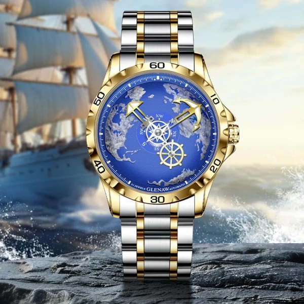 Glenaw Navigator Series Fully Automatic Mechanical Watch Gold and Silver Dual Color Globe and Casual High-end Watch - Image 7