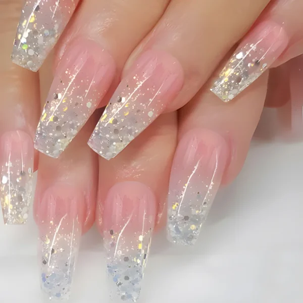 24pcs Golden Stripe Press on Nails Shiny Powder Love Design Long Square False Nails Wearable Full Cover Nail Tips Blue Fake Nail - Image 2