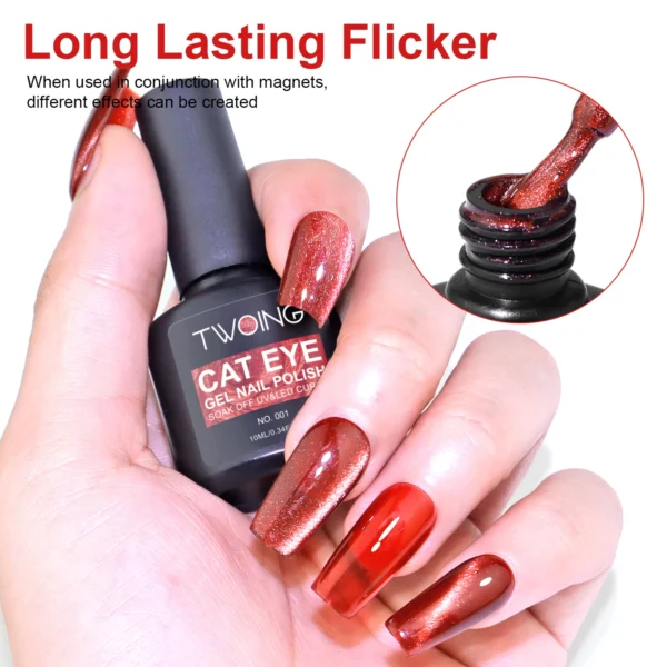 Red Cat Eye Gel Polish – Glossy Magnetic Gel Nail Polish with Holographic 9D Cat Eye Effect, Long-Lasting Soak Off UV LED Gel - Image 4