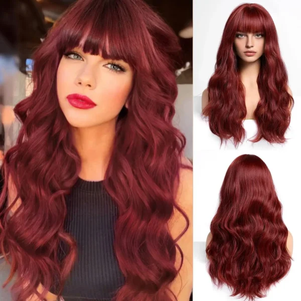 Women's fashion synthetic fiber head set orange wine red bangs long curly hair water ripple high temperature silk wig head set - Image 2