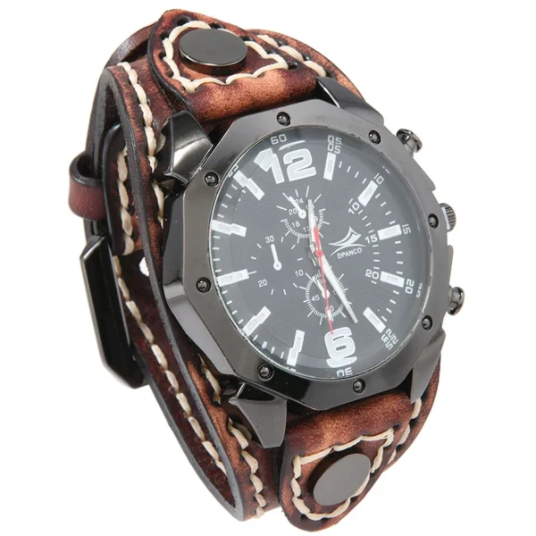 Handmade Punk Style Vintage Cowhide Leather Wide Strap Men's Large Dial Quartz Watch