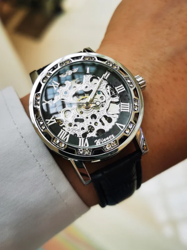 Unisex Classic Skeleton Mens Watch Luxury Diamond Case Gold Mechanical Watches Casual Leather Steel Strap Luminous WINNER Clock - Image 6