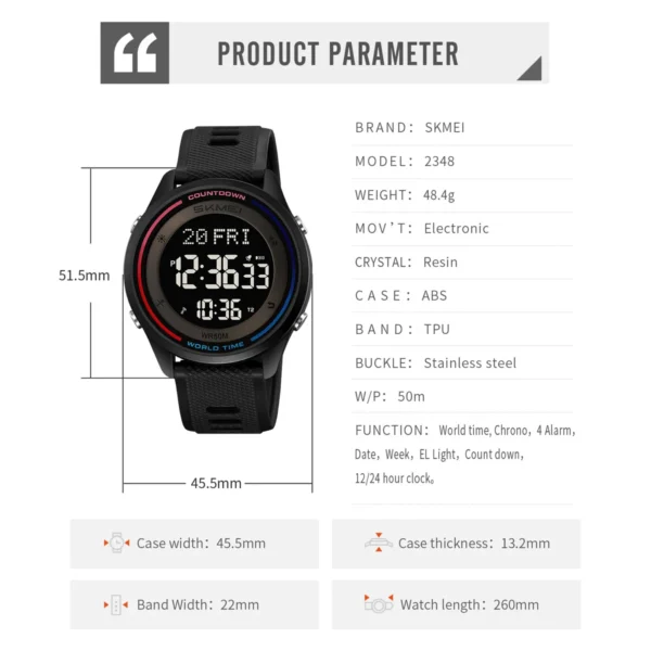 SKMEI Military Digital Wristwatches For Men Women Outdoor Waterproof World Time Clock Watches Fashion Sports Watch Reloj Hombre - Image 6