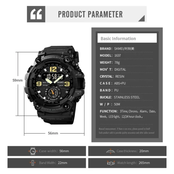 3 Time Sport Wristwatch Multifunctional Chrono Digital Watches Mens Dual Movement Waterproof Electronic Clock Reloj Hombre - Image 6