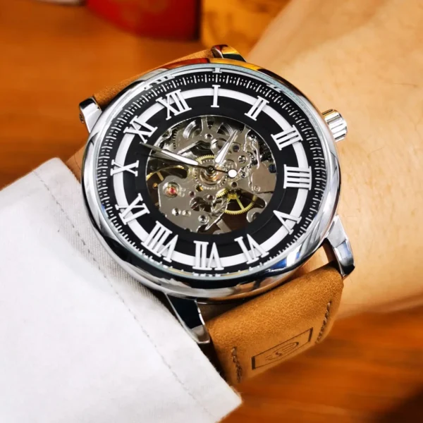 Forsining Classic Skeleton Hand Winding Watches Luminous Hands Mechanical Watch for Men Brown Leather Strap Business Wristwatch - Image 2