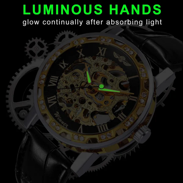 Unisex Classic Skeleton Mens Watch Luxury Diamond Case Gold Mechanical Watches Casual Leather Steel Strap Luminous WINNER Clock - Image 5
