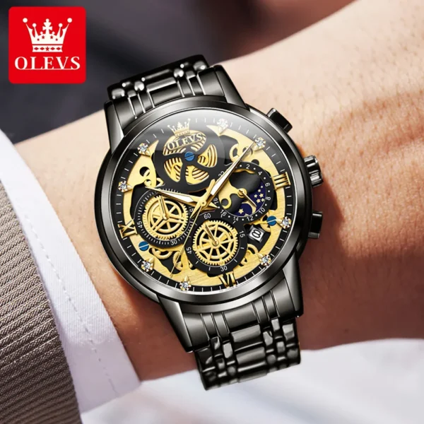 OLEVS 9947 Hot Sell Original Quartz Watch for Men Skeleton Flywheel Design Classic Chrono Small Dial Top Luxury Men's Wristwatch - Image 4
