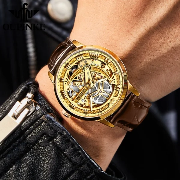 OUPINKE 3173 Original Leather Strap Automatic Hollow Mechanical Wristwatch for Men Chronograph Luxury Top Brand Men's Watches - Image 5