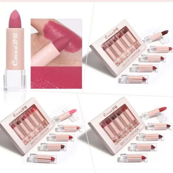 5pcs CmaaDu Matte Velvet Lipstick Set - Long-Lasting Waterproof Red Nude Lipsticks Collection Non-Stick Cup Makeup Cosmetics - Image 2