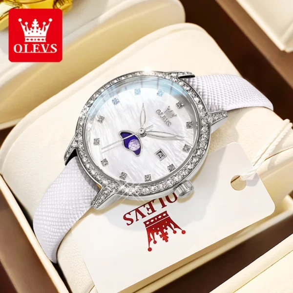 OLEVS 5597 Woman Watch Leather Strap Diamond Bezel Moon Phase Quartz Watch for Women Calendar Waterproof Ladies Wrist Watches