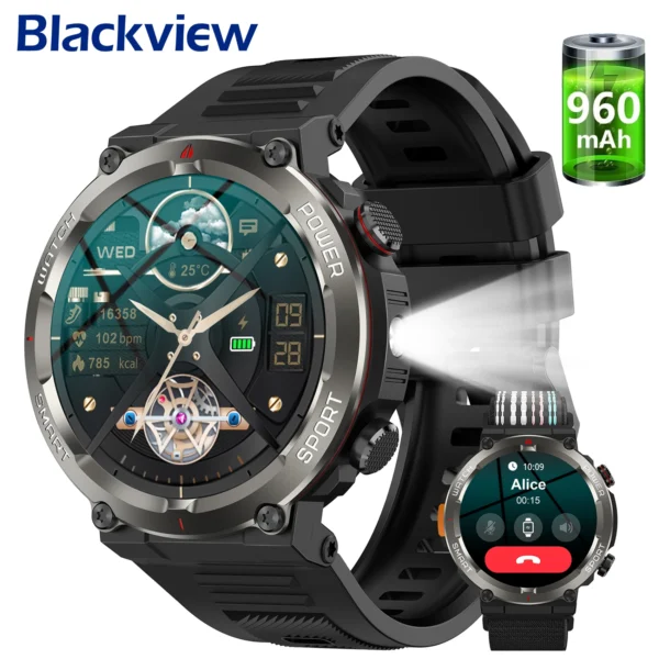 Blackview New IP68 Waterproof Smart Watch with LED Flashlight 960mAh Battery Life Bluetooth Call Outdoor Watches for Man Woman