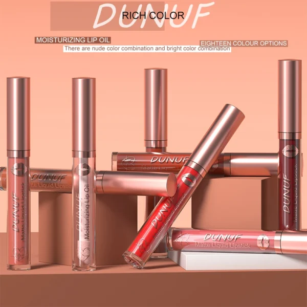 DUNUF Lip Gloss And Lip Oil Set 2-Piece Long-Lasting Waterproof Matte Moisturizing Non-Fading Lipstick Collection - Image 4