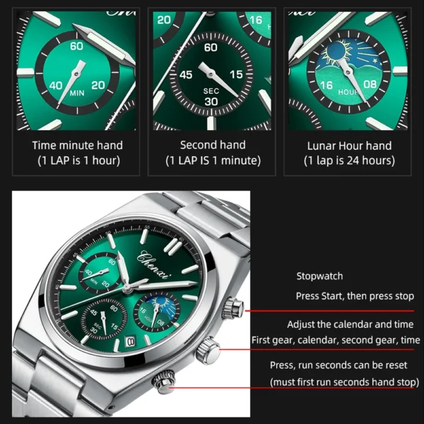 CHENXI Classic Business Moon Phase Men Watches Chronograph Quartz Man Watch Steel Strap Calendar Waterproof Luminous Wristwatch - Image 3