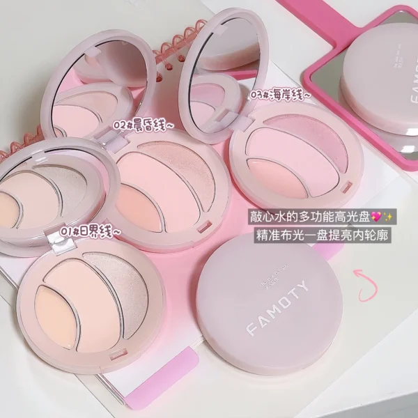 FAMOTY Three-Color Matte High-Gloss Pearlescent Water-Gloss Atmosphere 3D Brightening Fine Flash Highlighter Blush for Makeup - Image 3