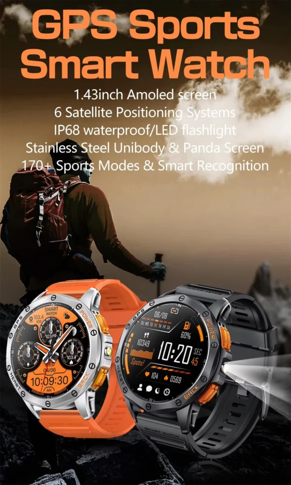 K67 Smart Watch 1.43" Amoled LED Flashlight Compass Barometric Altimeter GPS Sports Montion Fitness Tracker BT Call Smartwatch - Image 6