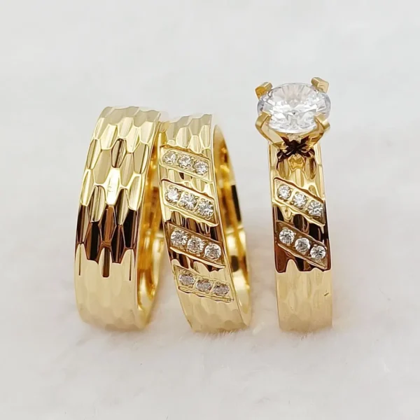 Wedding Rings Sets For Men And Women 3pcs Unique Designer Hammered 24k Gold Plated Jewelry cz Diamond Couples Engagement Ring