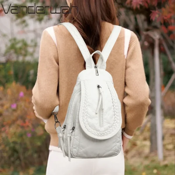 White Backpack For Women Small Shoulder Bag Multi-pocket Rucksack Ladies High Quality Soft Leather Sac A Dos Casual Teenager Bag - Image 2