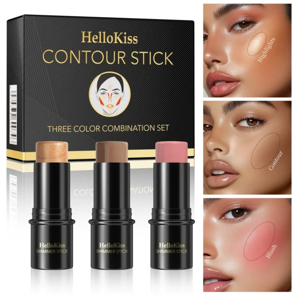 HelloKiss Multifunctional Three-Pack Grooming Stick, Three-dimensional Face Natural Brightening Blush Stick Highlight Stick - Image 2