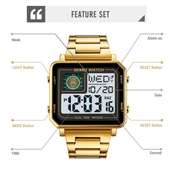 SKMEI Mens Full Steel Sport Watches Back Light Digital Countdown Timer Stopwatch Clock Wristwatch Waterproof Montres pour hommes - Image 5
