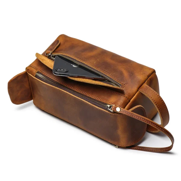 LUOKIR Vintage Multi-functional Genuine Leather Handbag Men's Makeup Bag Large Capacity Crazy Horse Leather Toiletry Organizer - Image 5