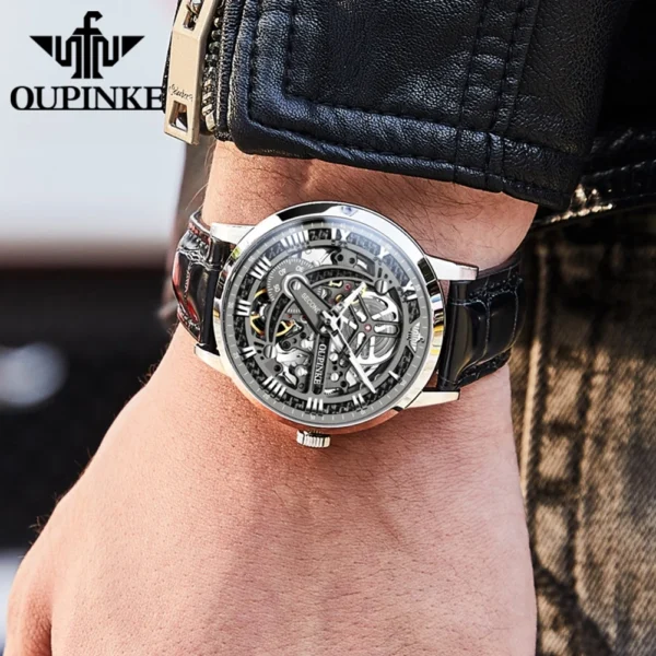 OUPINKE 3173 Original Leather Strap Automatic Hollow Mechanical Wristwatch for Men Chronograph Luxury Top Brand Men's Watches - Image 4
