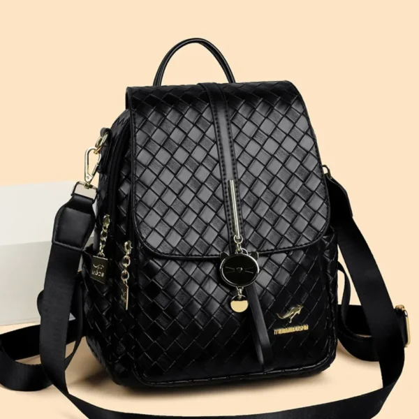 Ladies Woven Backpack Designer High Quality Pu Leather Women Bag Luxury School Bags Large Capacity A4 Backpacks with Cat Pendant - Image 4