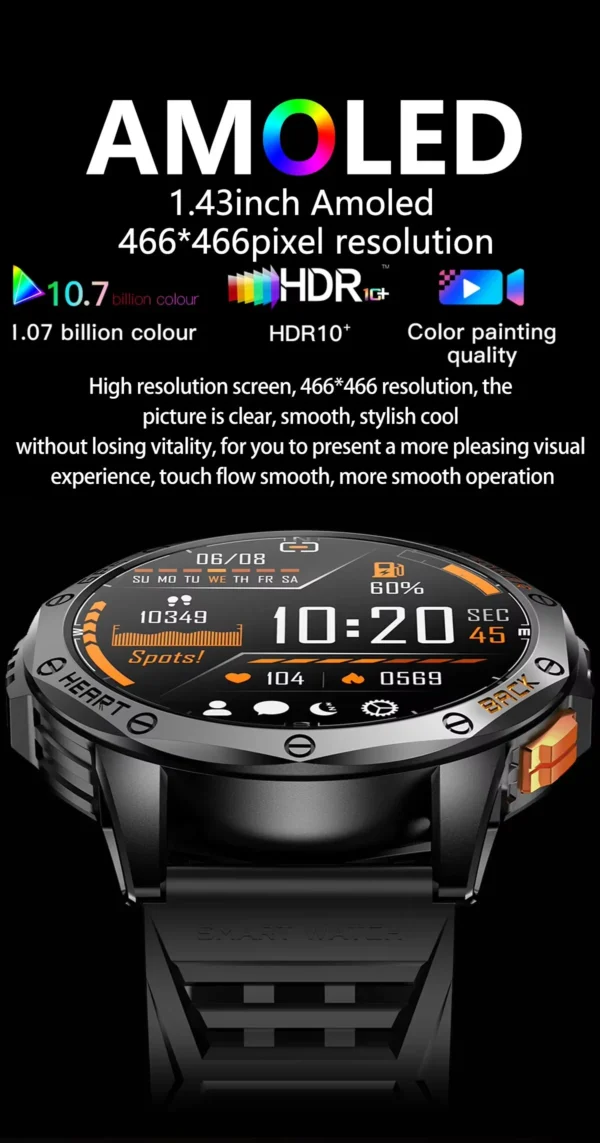 K67 Smart Watch 1.43" Amoled LED Flashlight Compass Barometric Altimeter GPS Sports Montion Fitness Tracker BT Call Smartwatch - Image 4