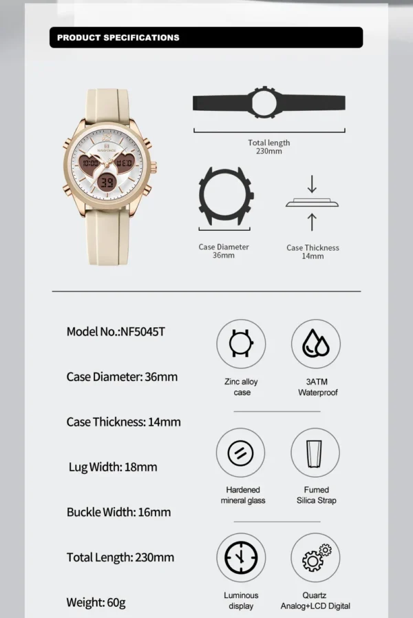 NAVIFORCE NF5045T Waterproof Elegant Ladies's Dual Display Time Women's Fashion Simple Silicone Strap Watches - Image 2