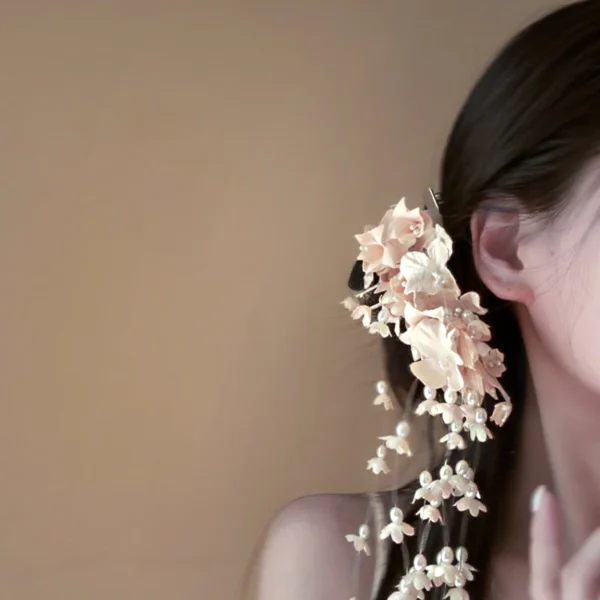 Flower Hair Barrettes Bridal Wedding Tiara Flower Pearl Tassel Hairpin Wedding Hair Accessories - Image 3