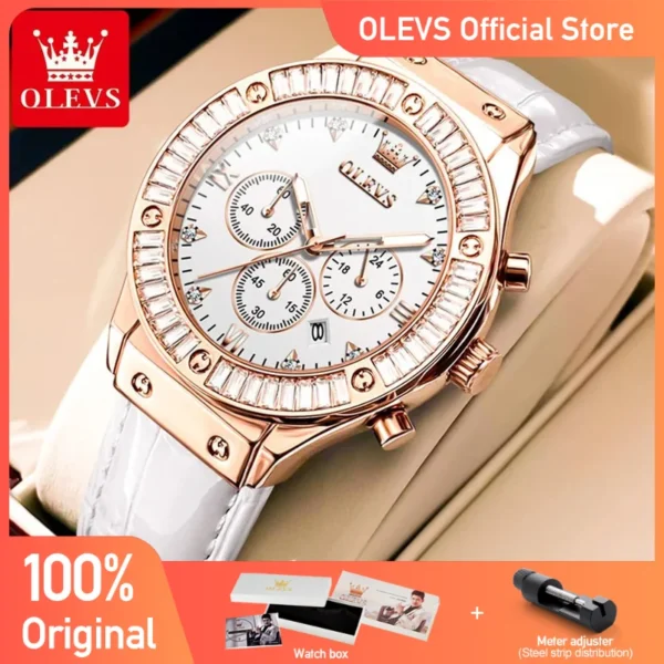 OLEVS Women's Watches Zirconium Diamonds Dazzling With Multifunctional Dial Elegant Fashion Original Quartz Watch for Ladies