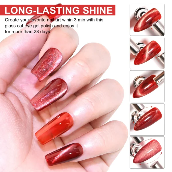 Red Cat Eye Gel Polish – Glossy Magnetic Gel Nail Polish with Holographic 9D Cat Eye Effect, Long-Lasting Soak Off UV LED Gel - Image 6