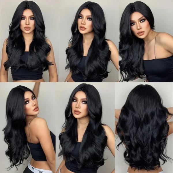 Fashion black brown synthetic wig in long curly hair full head set high temperature silk chemical fiber big wave head set - Image 3