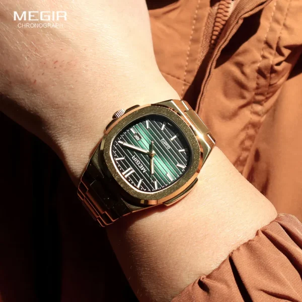 MEGIR Men's Classic Dress Watch with Golden Stainless Steel Band Oval Green Dial Waterproof Quartz Wristwatch with Luminous Hand - Image 4