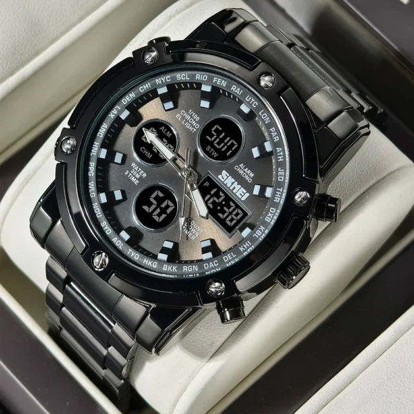 SKMEI Men Dual Display Watch Countdown Steel Strap Electronic Wristwatch Three Time Clock Digital Quartz Watch Relogio Masculino - Image 2