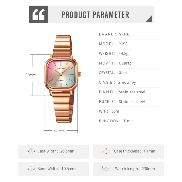 SKMEI 2190 Luxury Ladies Female Quartz Watch Woman Waterproof Stainless Steel Strap Girl Women Wristwatch Date Clock reloj mujer - Image 6
