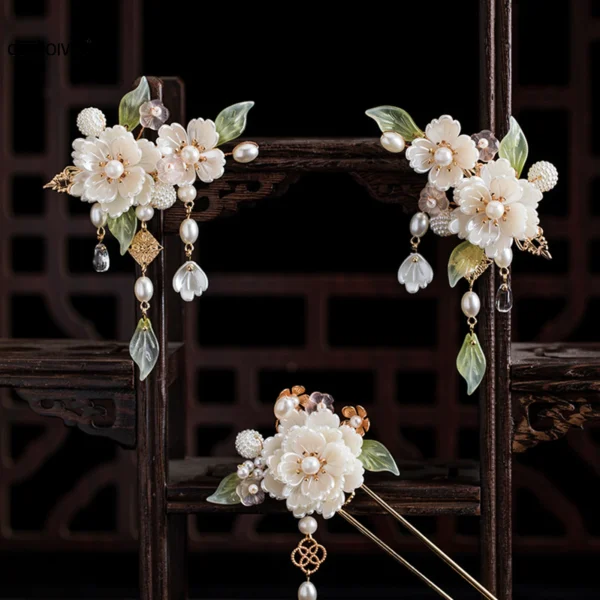 White Flower Hair Clips Hairpin Side Combs Chinese Hanfu Hair Accessories Set Vintage Handmade Hair Sticks Women Retro Jewelry - Image 2