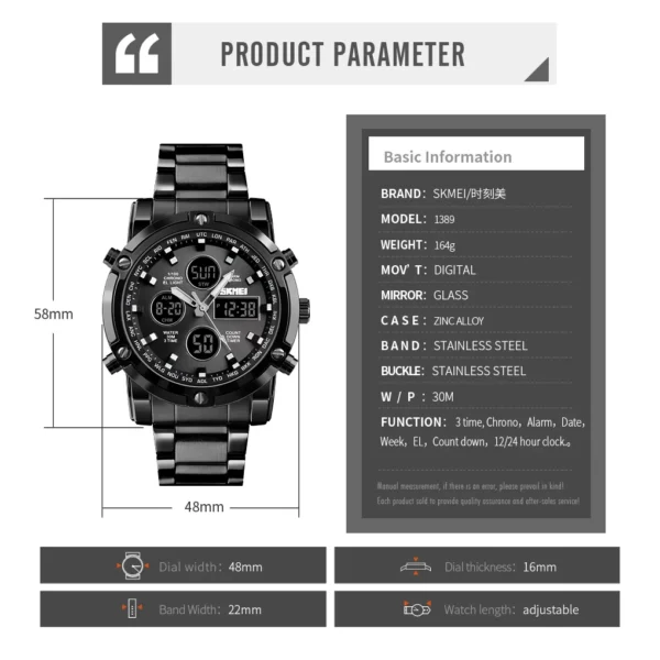 SKMEI Men Dual Display Watch Countdown Steel Strap Electronic Wristwatch Three Time Clock Digital Quartz Watch Relogio Masculino - Image 6